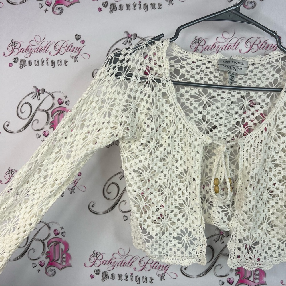 David brooks hand crochet long sleeve cardigan Women's Cream Crochet Top - Picture 7 of 11